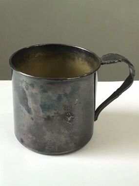 Vintage 1881 ROGERS Silver Plated Baby Cup With Floral Spoon Handle 2-3/8” High